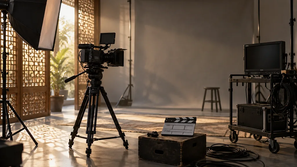 An empty Sharjah video production studio with a camera on a tripod