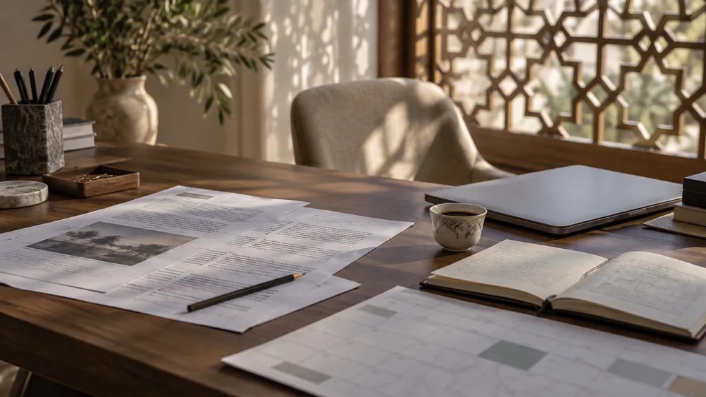 An empty Sharjah content studio desk with printed drafts