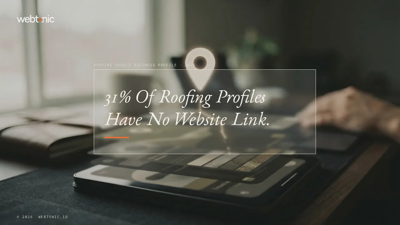 Roofing Google Business Profile statistics 2026 thumbnail showing 31.4 percent of profiles have no website link, 12 percent are unclaimed and 2.7 percent have no phone