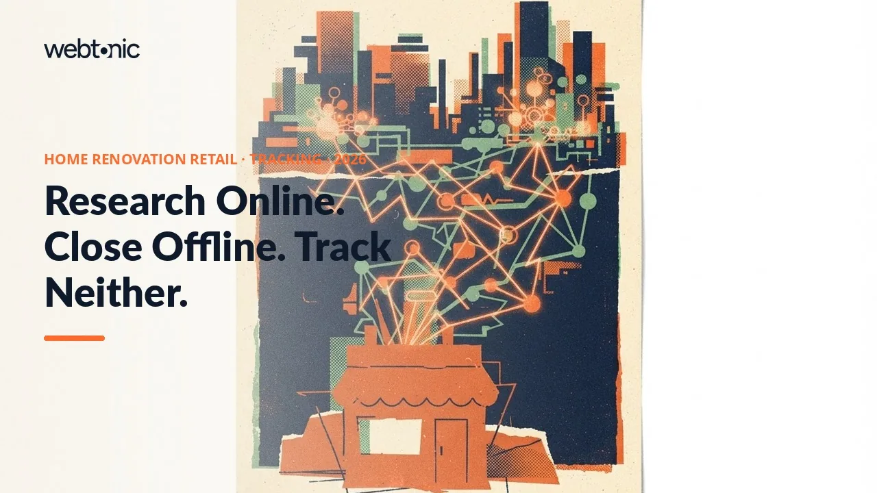 Home renovation retail tracking and analytics statistics 2026 thumbnail showing 69 percent of consumers researching online against 25 percent completing the purchase online