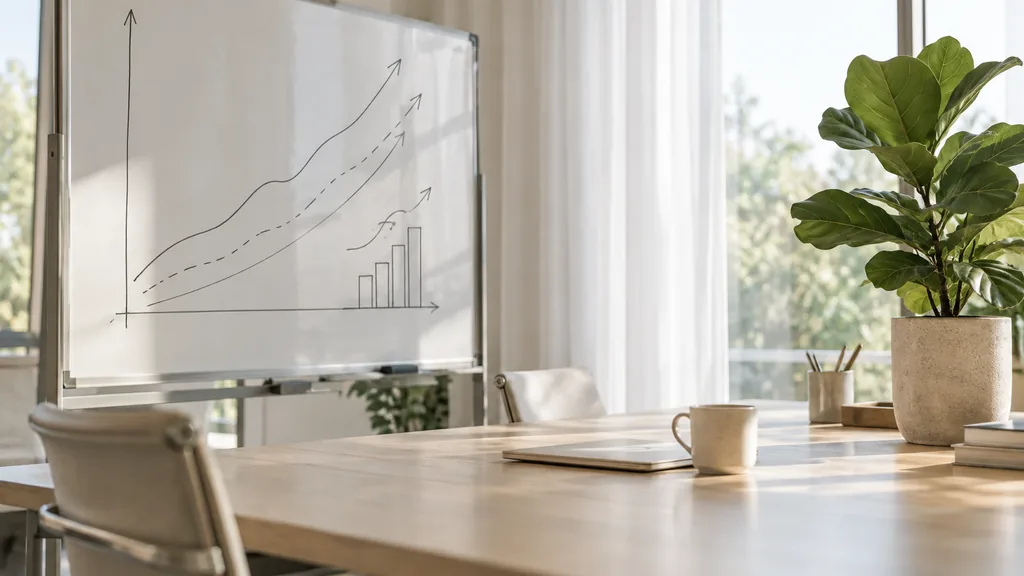 An empty growth planning workspace in a bright Dubai workspace in the morning, a whiteboard with hand-drawn growth curves and arrows beside a long pale wooden desk with a closed notebook, a coffee cup and a potted fiddle-leaf fig, diffused light through sheer curtains