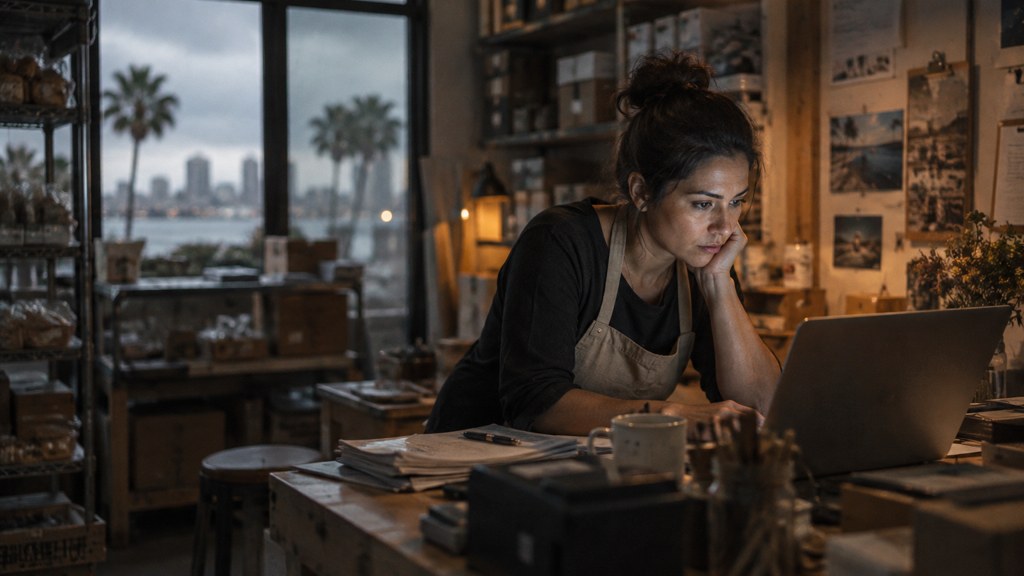 A small-business owner in an apron leaning over a laptop on a cluttered back-office desk late in the day, photographed in San Diego