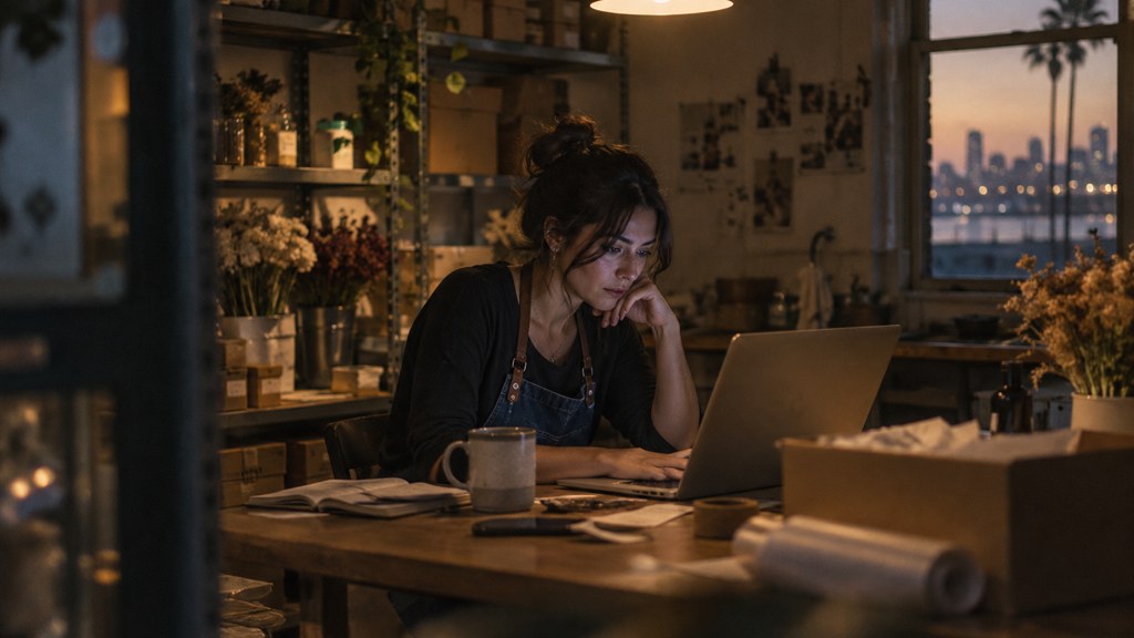 A small-business owner in an apron leaning over a laptop on a cluttered back-office desk late in the day, photographed in San Diego