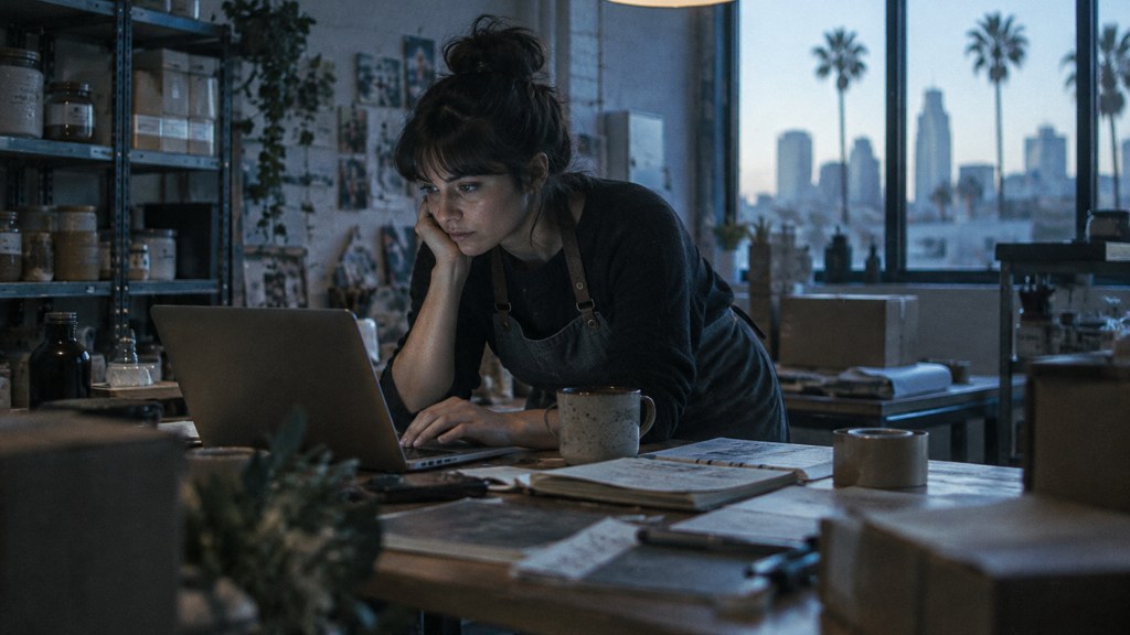 A small-business owner in an apron leaning over a laptop on a cluttered back-office desk late in the day, photographed in San Diego