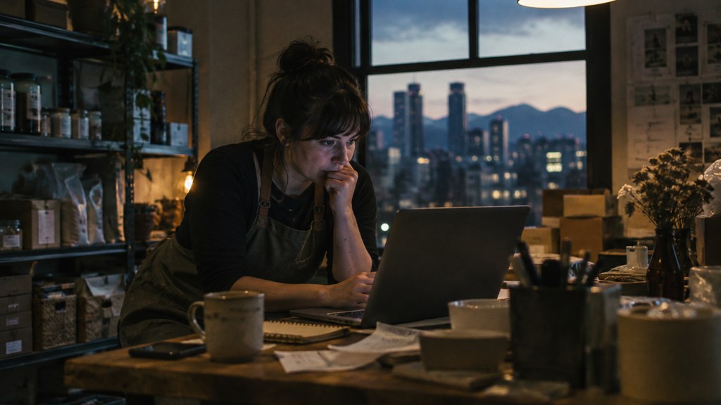 A small-business owner in an apron leaning over a laptop on a cluttered back-office desk late in the day, photographed in Denver
