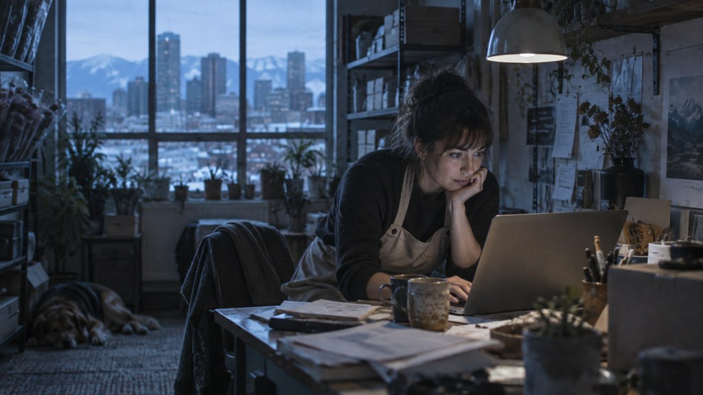 A small-business owner in an apron leaning over a laptop on a cluttered back-office desk late in the day, photographed in Denver