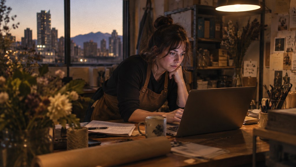 A small-business owner in an apron leaning over a laptop on a cluttered back-office desk late in the day, photographed in Denver
