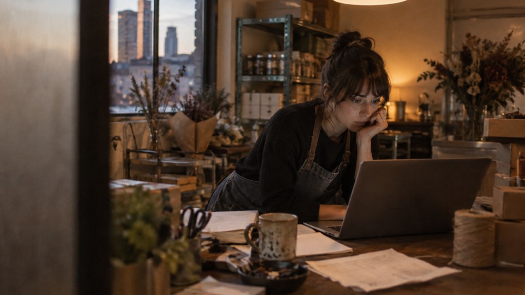 A small-business owner in an apron leaning over a laptop on a cluttered back-office desk late in the day, photographed in Denver
