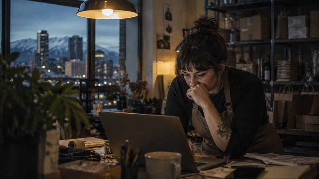 A small-business owner in an apron leaning over a laptop on a cluttered back-office desk late in the day, photographed in Denver