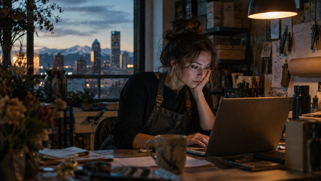 A small-business owner in an apron leaning over a laptop on a cluttered back-office desk late in the day, photographed in Denver