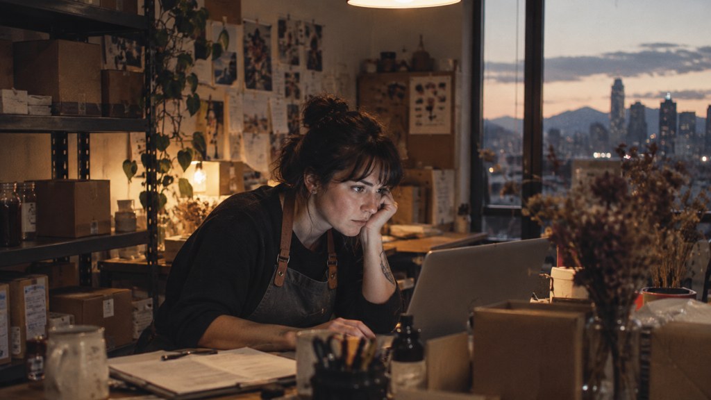 A small-business owner in an apron leaning over a laptop on a cluttered back-office desk late in the day, photographed in Denver