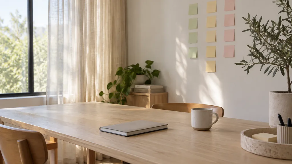 An empty strategy workspace in a quiet Adelaide studio office in soft morning light, a long pale timber table with a closed notebook, sticky notes arranged in columns on a plain white wall, a ceramic mug and a potted olive tree, sheer linen curtains