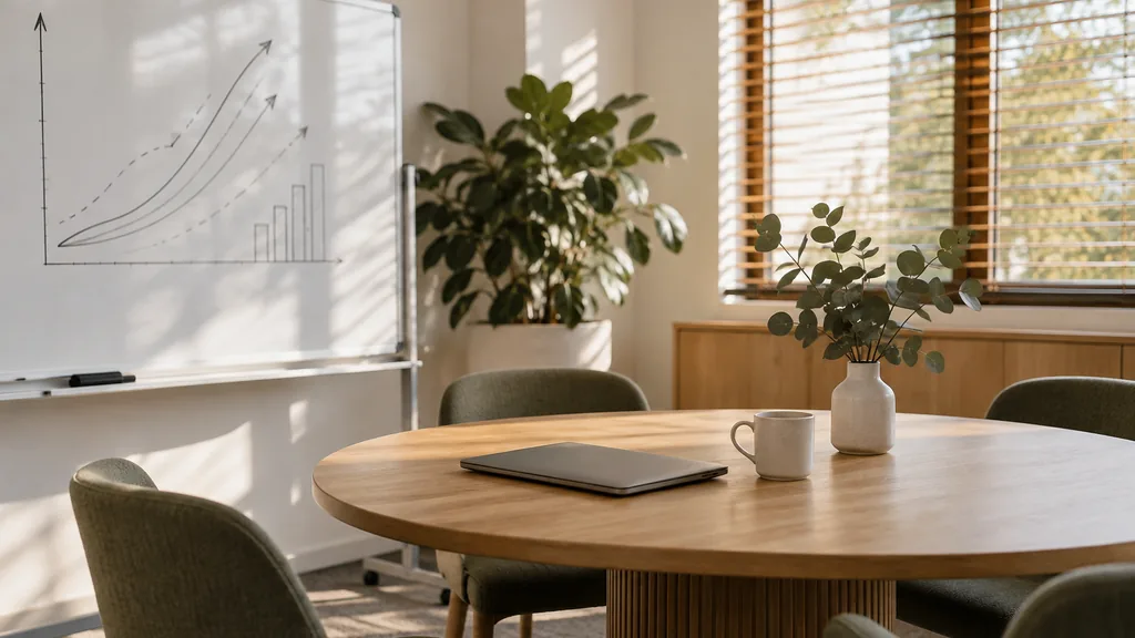 An empty growth planning workspace in a bright Adelaide meeting room in the afternoon, a whiteboard with hand-drawn upward curves and arrows beside a round oak table with a closed laptop, a coffee cup and a small eucalyptus branch in a vase, warm light through timber blinds