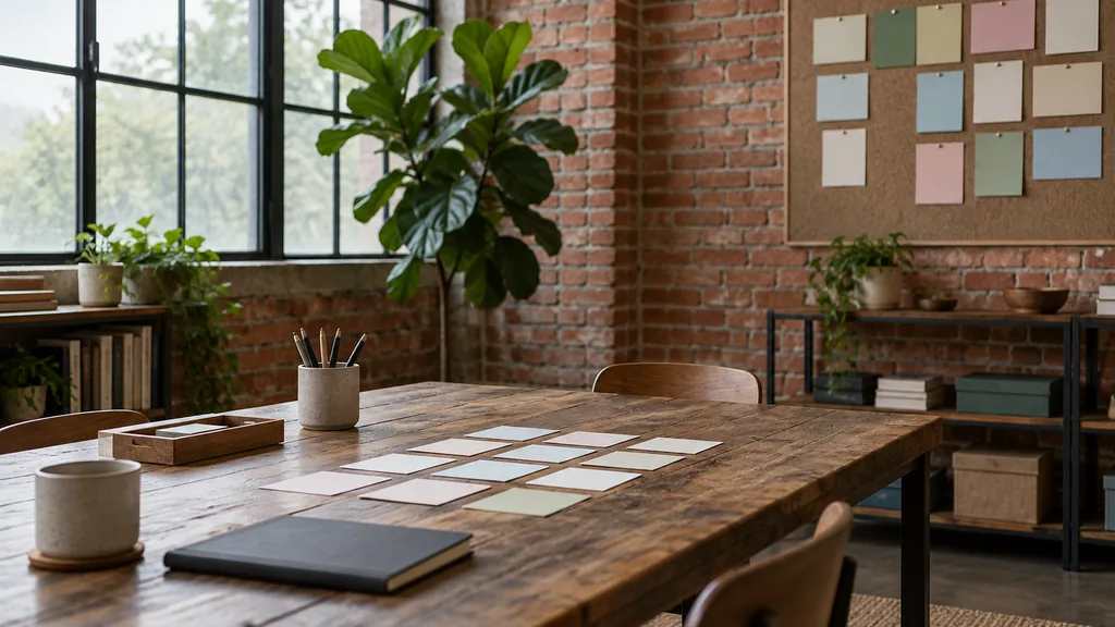 An empty strategy workspace in a converted warehouse studio office with exposed red brick walls, a long reclaimed timber table with a closed notebook and index cards laid out in rows, a pinboard of blank coloured cards, a tall fiddle-leaf plant and soft overcast daylight through frosted industrial windows