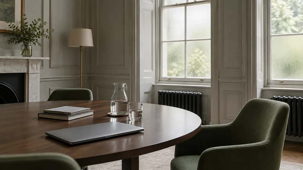 An empty strategy workspace in a Georgian townhouse meeting room with tall sash windows of frosted glass, pale grey panelled walls, a round walnut table with a closed laptop, a stack of plain notebooks and a jug of water, a green armchair and soft northern daylight