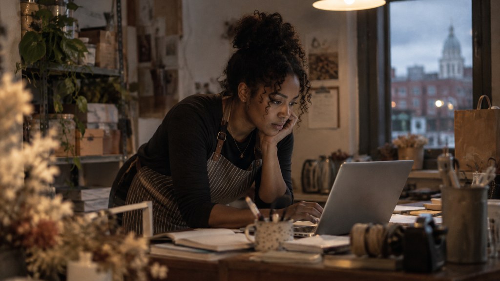 A small-business owner in an apron leaning over a laptop on a cluttered back-office desk late in the day, photographed in Baltimore