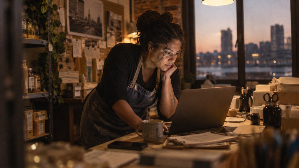 A small-business owner in an apron leaning over a laptop on a cluttered back-office desk late in the day, photographed in Baltimore