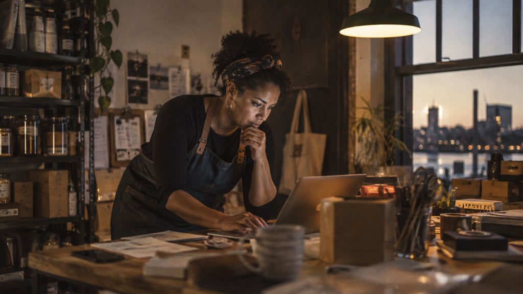 A small-business owner in an apron leaning over a laptop on a cluttered back-office desk late in the day, photographed in Baltimore