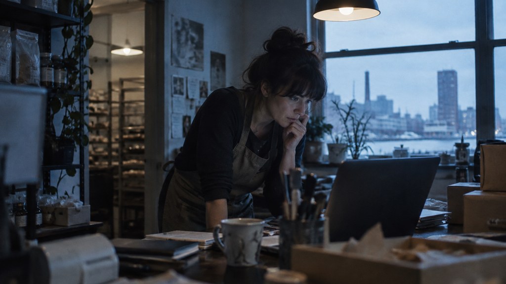 A small-business owner in an apron leaning over a laptop on a cluttered back-office desk late in the day, photographed in Baltimore