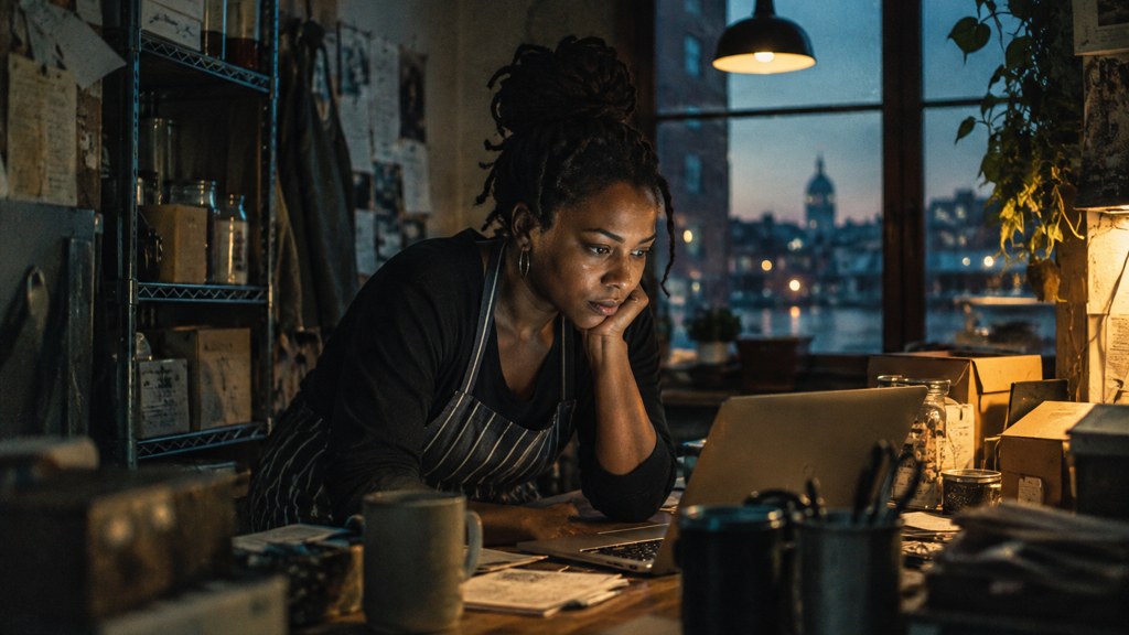 A small-business owner in an apron leaning over a laptop on a cluttered back-office desk late in the day, photographed in Baltimore