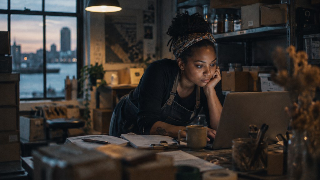 A small-business owner in an apron leaning over a laptop on a cluttered back-office desk late in the day, photographed in Baltimore