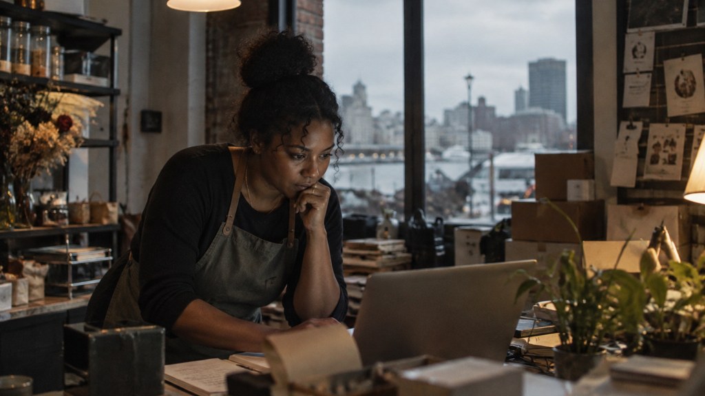 A small-business owner in an apron leaning over a laptop on a cluttered back-office desk late in the day, photographed in Baltimore