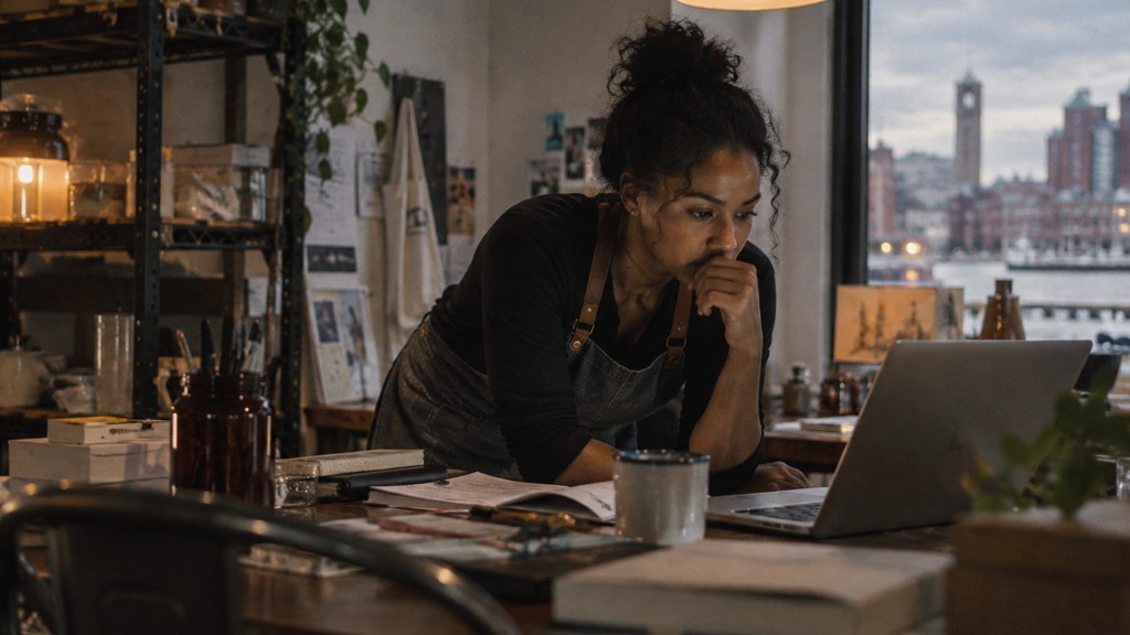 A small-business owner in an apron leaning over a laptop on a cluttered back-office desk late in the day, photographed in Baltimore