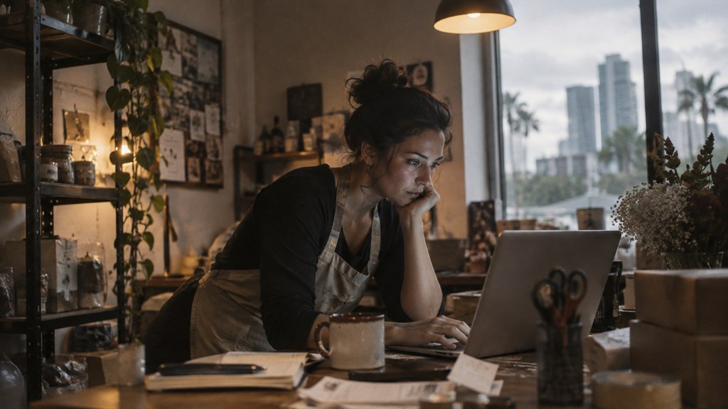 A small-business owner in an apron leaning over a laptop on a cluttered back-office desk late in the day, photographed in Orlando