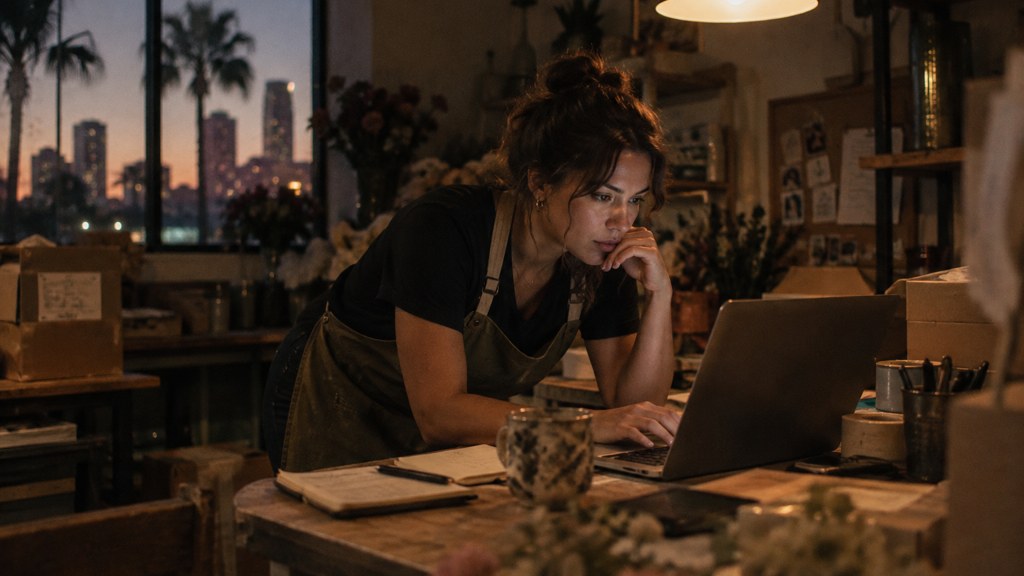 A small-business owner in an apron leaning over a laptop on a cluttered back-office desk late in the day, photographed in Orlando