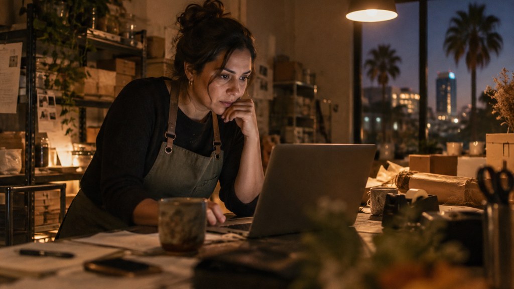A small-business owner in an apron leaning over a laptop on a cluttered back-office desk late in the day, photographed in Orlando