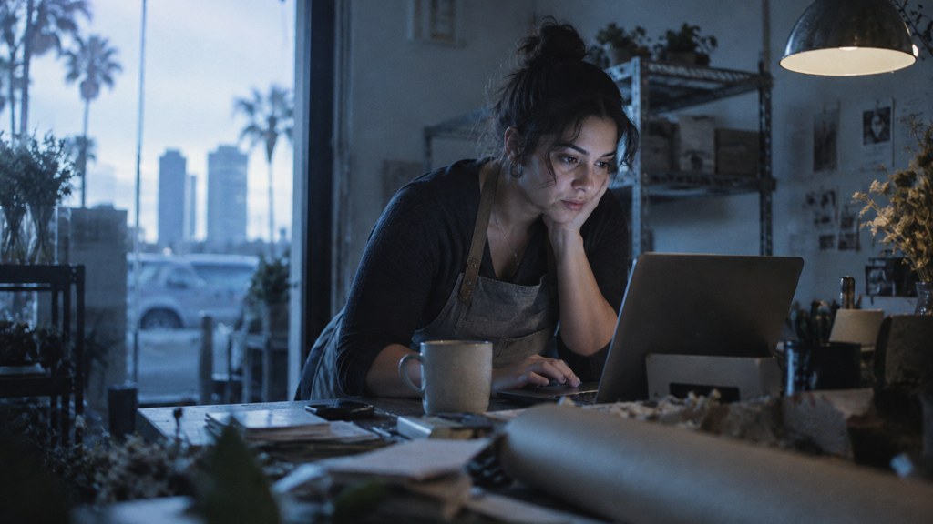A small-business owner in an apron leaning over a laptop on a cluttered back-office desk late in the day, photographed in Orlando