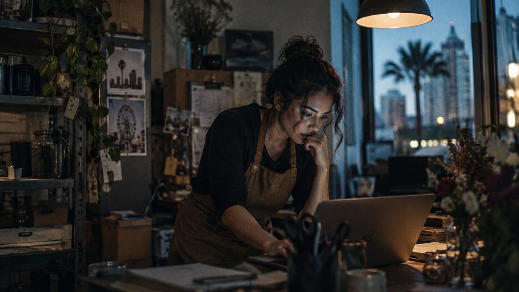 A small-business owner in an apron leaning over a laptop on a cluttered back-office desk late in the day, photographed in Orlando
