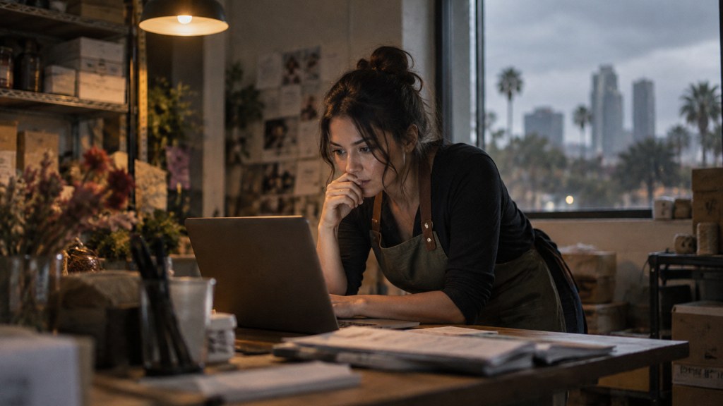 A small-business owner in an apron leaning over a laptop on a cluttered back-office desk late in the day, photographed in Orlando