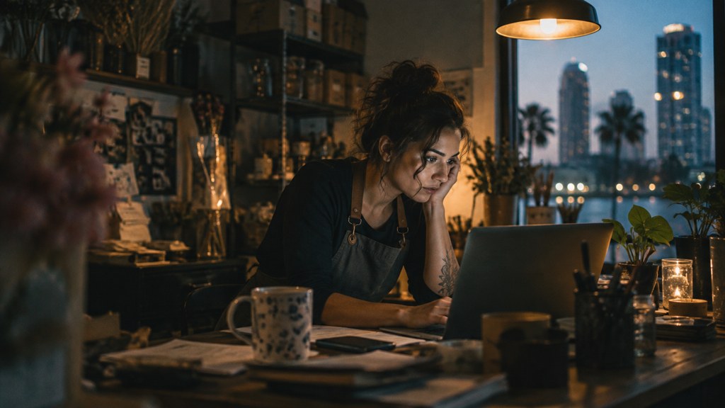 A small-business owner in an apron leaning over a laptop on a cluttered back-office desk late in the day, photographed in Orlando
