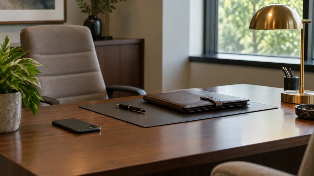 An empty bank advisor desk in a quiet bank branch advisor desk with a smartphone lying face down, a closed leather folder, a fountain pen, a small brass desk lamp and a green plant, soft daylight