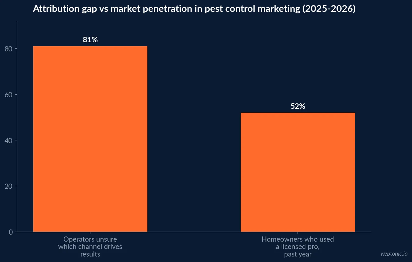 Bar chart showing 81 percent of pest control operators cannot identify which marketing channel drives their results, set against 52 percent of US homeowners who used a licensed pest control professional in the past year