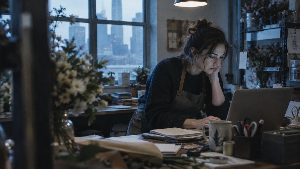 A small-business owner in an apron leaning over a laptop on a cluttered back-office desk late in the day, photographed in Charlotte
