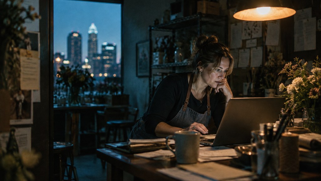 A small-business owner in an apron leaning over a laptop on a cluttered back-office desk late in the day, photographed in Charlotte