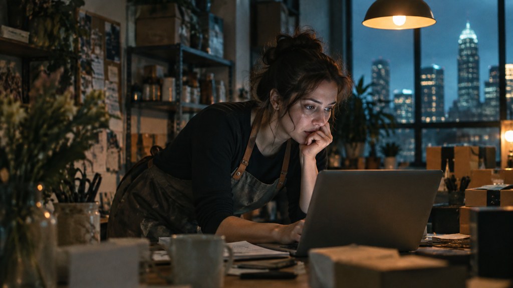 A small-business owner in an apron leaning over a laptop on a cluttered back-office desk late in the day, photographed in Charlotte