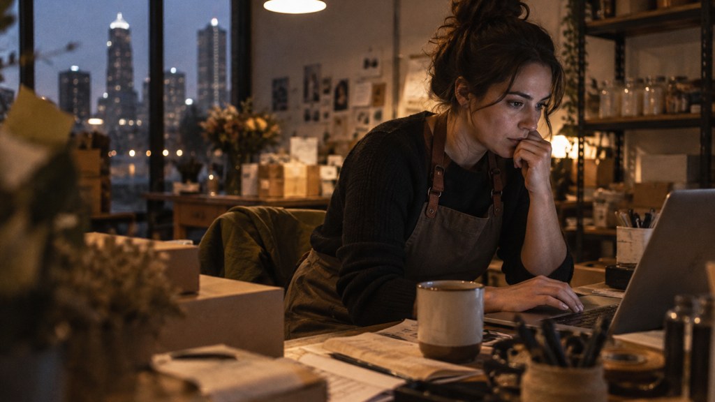 A small-business owner in an apron leaning over a laptop on a cluttered back-office desk late in the day, photographed in Charlotte