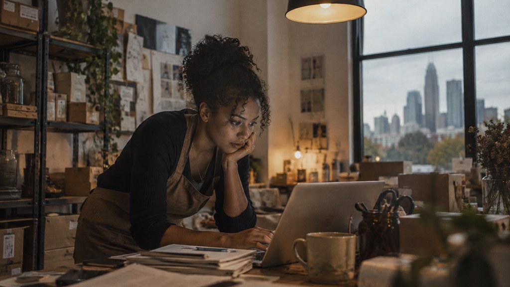 A small-business owner in an apron leaning over a laptop on a cluttered back-office desk late in the day, photographed in Charlotte