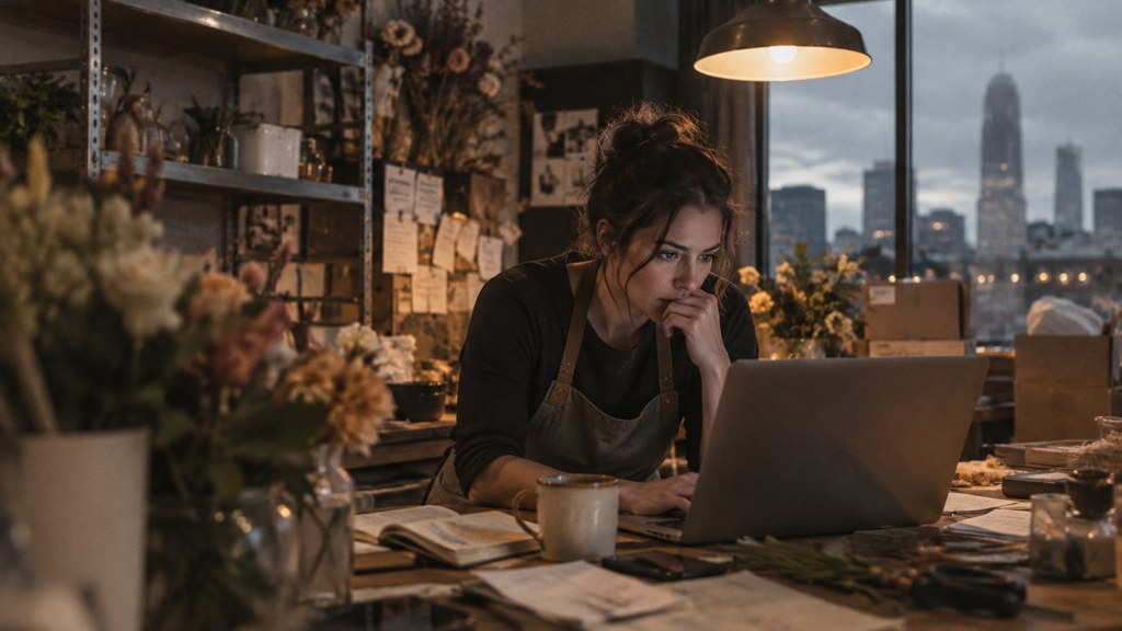 A small-business owner in an apron leaning over a laptop on a cluttered back-office desk late in the day, photographed in Charlotte
