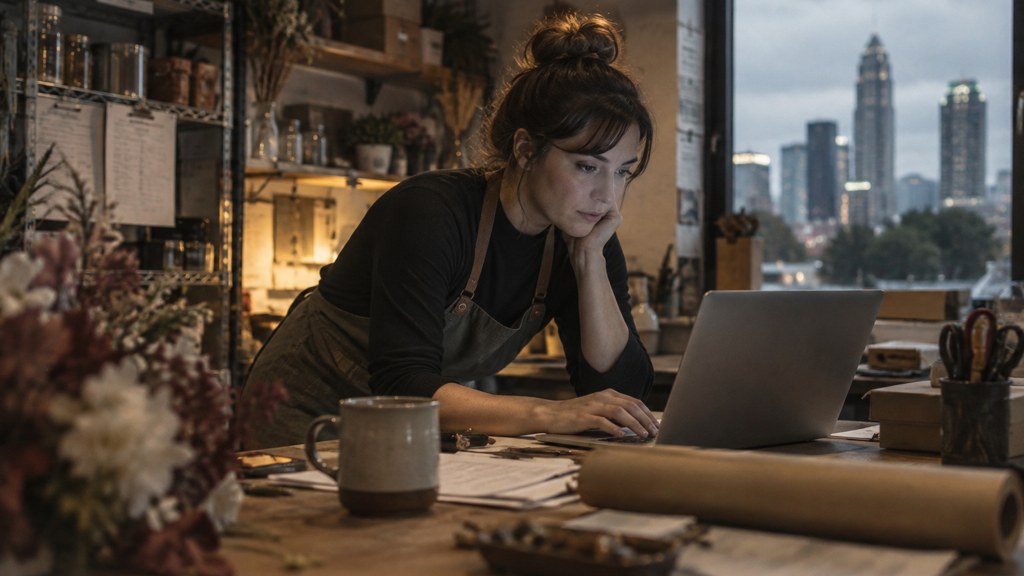 A small-business owner in an apron leaning over a laptop on a cluttered back-office desk late in the day, photographed in Charlotte
