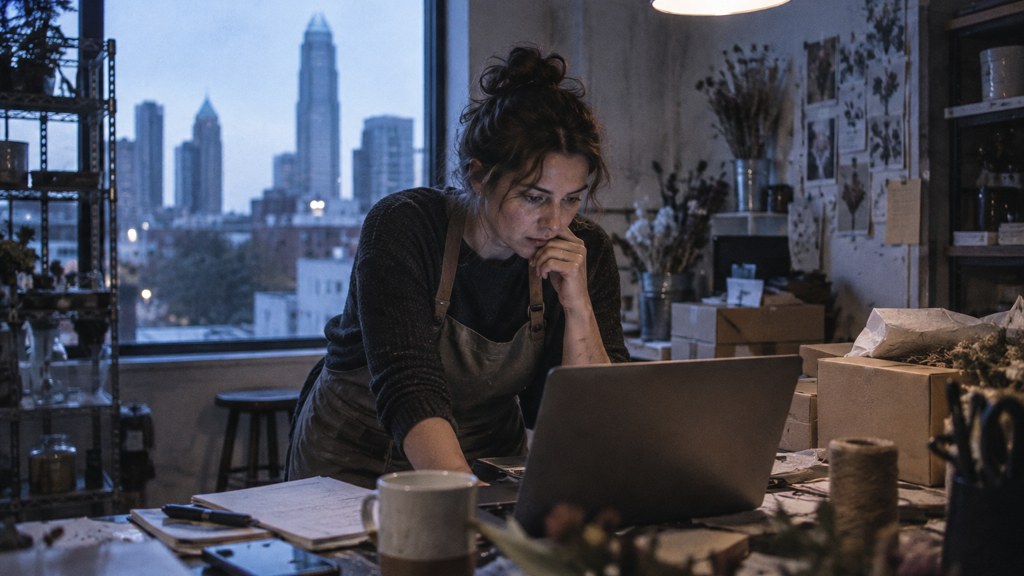 A small-business owner in an apron leaning over a laptop on a cluttered back-office desk late in the day, photographed in Charlotte