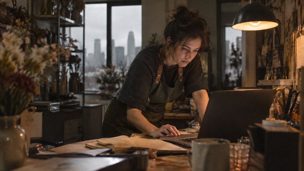 A small-business owner in an apron leaning over a laptop on a cluttered back-office desk late in the day, photographed in Charlotte
