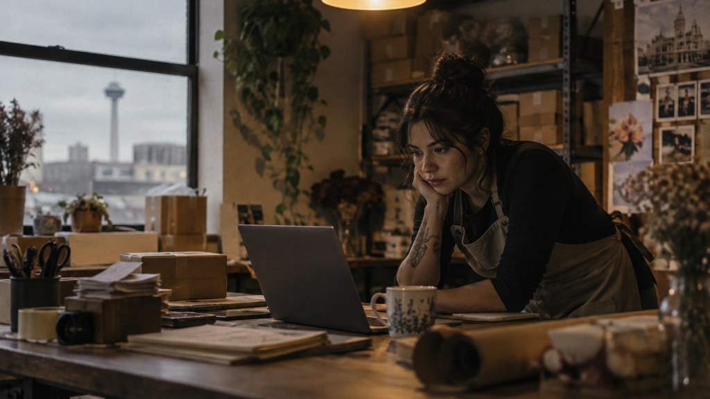 A small-business owner in an apron leaning over a laptop on a cluttered back-office desk late in the day, photographed in San Antonio