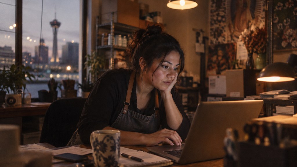 A small-business owner in an apron leaning over a laptop on a cluttered back-office desk late in the day, photographed in San Antonio