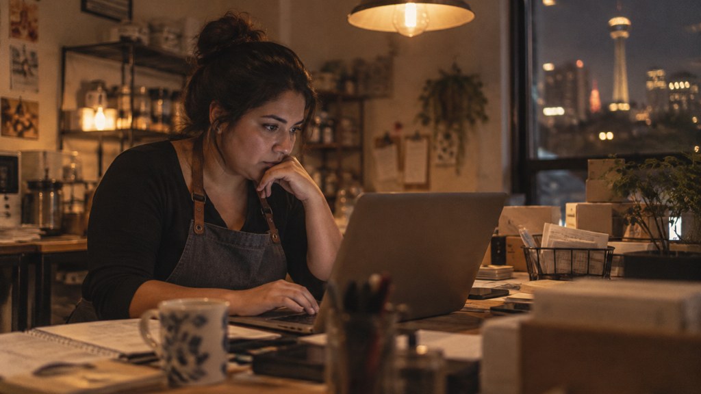 A small-business owner in an apron leaning over a laptop on a cluttered back-office desk late in the day, photographed in San Antonio