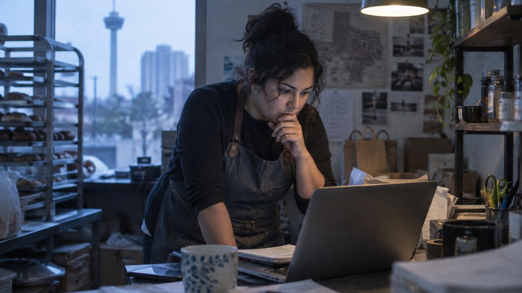 A small-business owner in an apron leaning over a laptop on a cluttered back-office desk late in the day, photographed in San Antonio