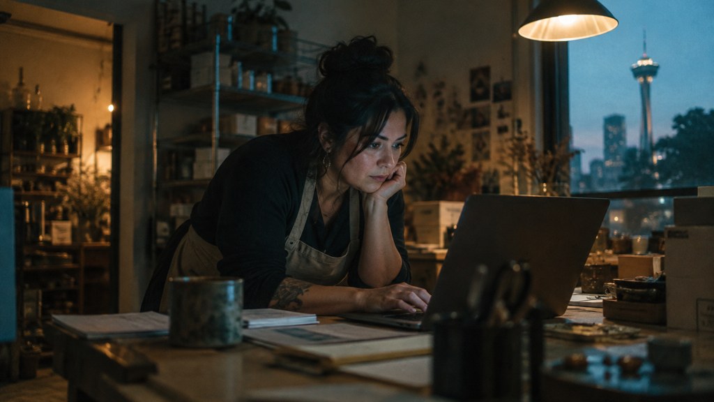 A small-business owner in an apron leaning over a laptop on a cluttered back-office desk late in the day, photographed in San Antonio